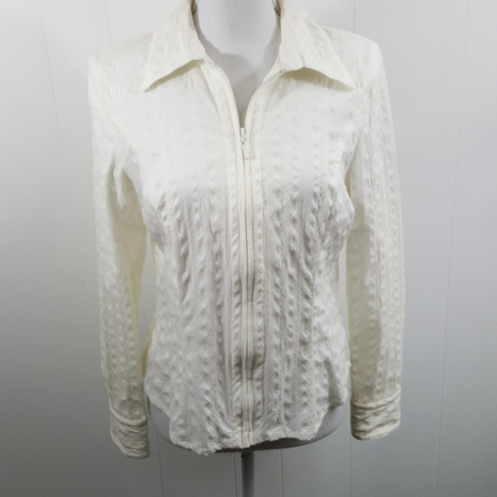 Cabi White Textured Zip Front Stretch Blouse Jacket Top Size L